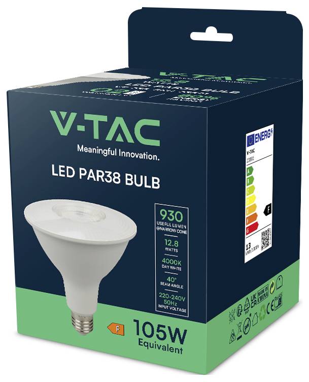 V-TAC LED PAR38 Glühbirne mit Energieeffizienzlabel, zeigt 930 Lumen, 12,8 Watt, Tageslicht-Weiß, 105 W Äquivalent.