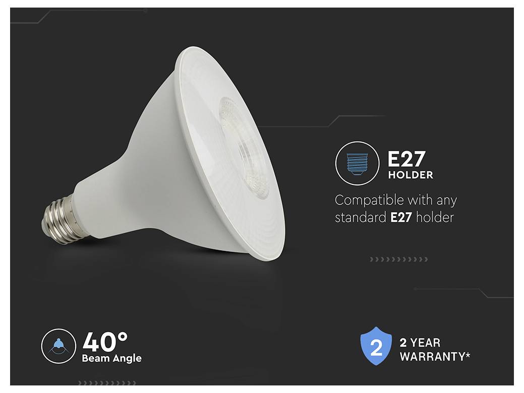 Eine weiße LED-Lampe mit E27-Sockel, kompatibel mit Standardfassungen. Sie verfügt über einen Abstrahlwinkel von 40° und wird mit einer 2-jährigen Garantie geliefert.