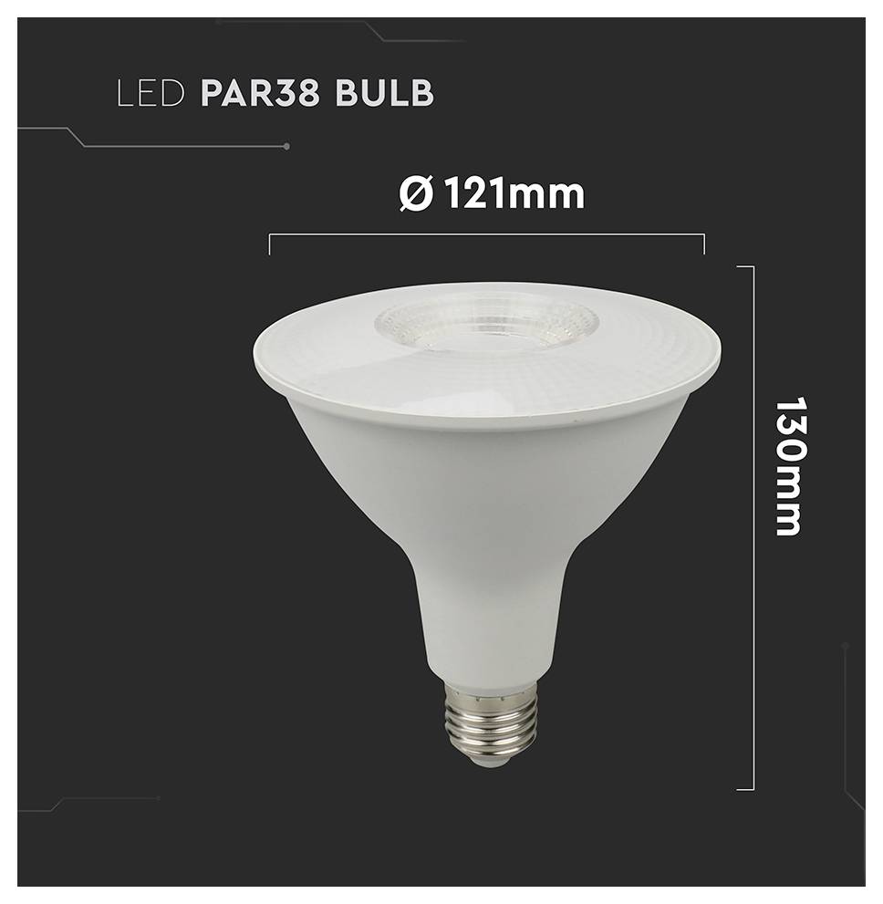 LED PAR38 Glühbirne mit Abmessungen: Durchmesser 121 mm, Höhe 130 mm.