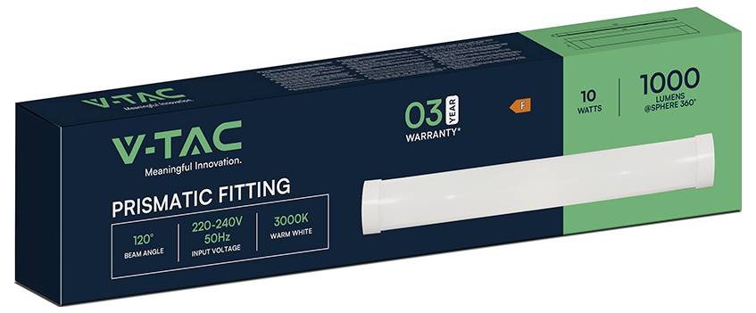 Die Verpackung des 'V-TAC Prismatic Fitting' zeigt eine Leuchte mit folgenden Schlüsseldetails: 10 Watt, 1000 Lumen, 3000K warmweiß, mit einem Abstrahlwinkel von 120°.