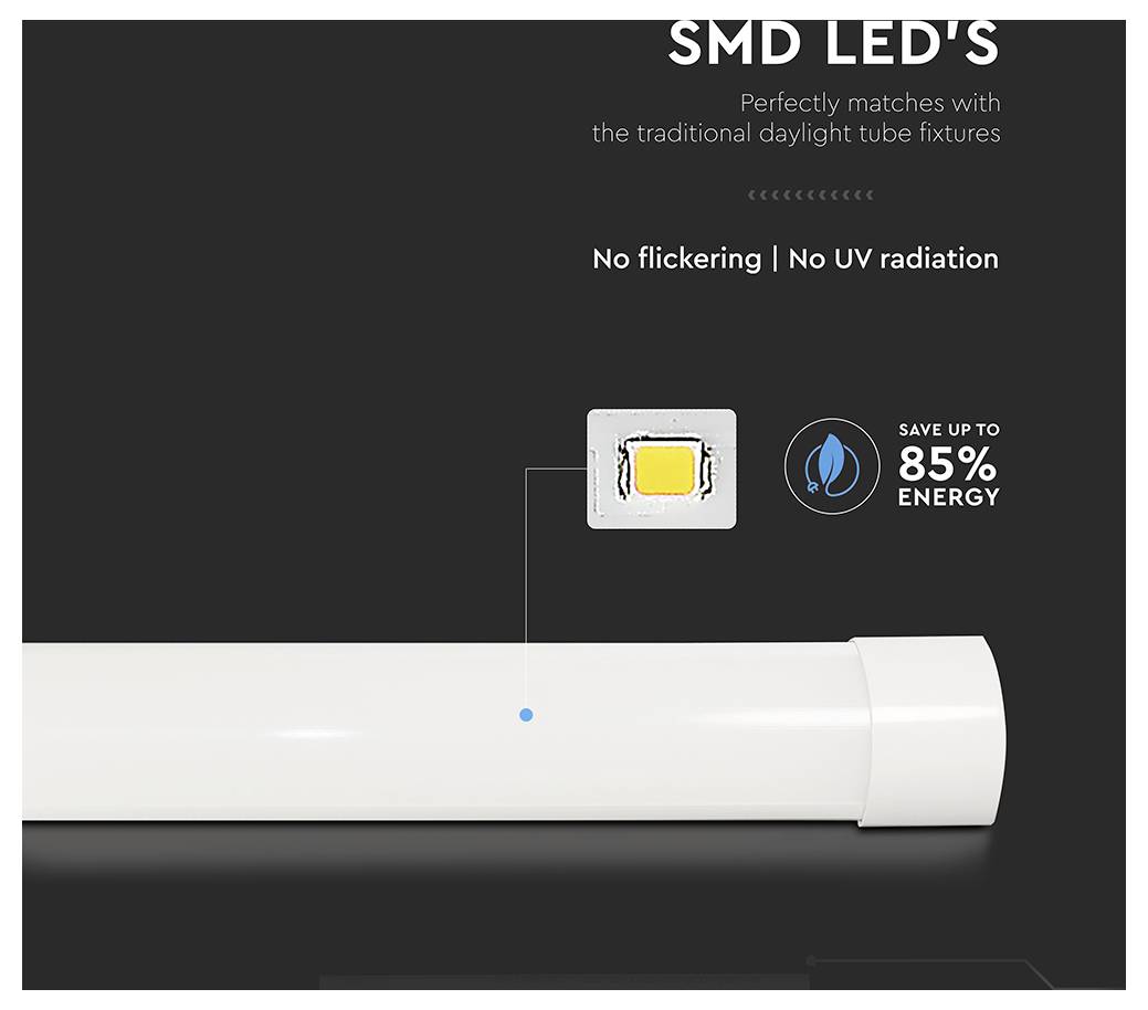 Detailaufnahme einer LED-Röhrenlampe mit Text: 'SMD-LEDs, passt perfekt zu herkömmlichen Leuchtstoffröhren-Armaturen.' Eigenschaften sind kein Flimmern, keine UV-Strahlung und Energieeinsparungen bis zu 85%.