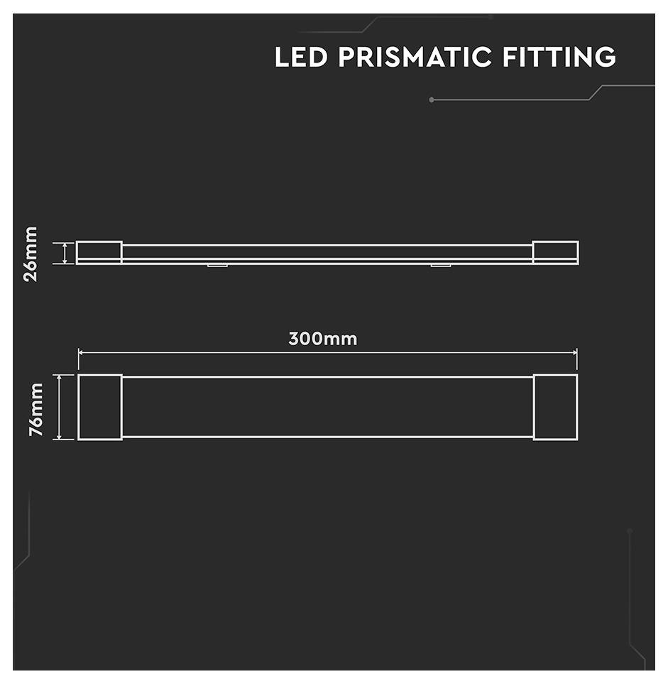 'LED-Prismatische Leuchte' Diagramm mit Abmessungen: Länge 300 mm, Höhe 26 mm und Breite 76 mm.