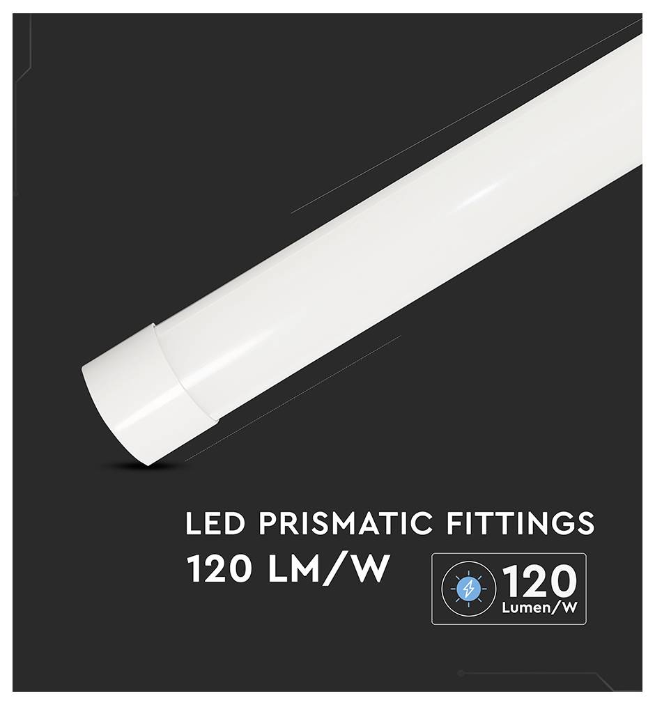 LED-Prismenleuchten 120 LM/W mit einem Lumens-Symbol, das die Effizienz anzeigt. Bild zeigt eine weiße zylindrische LED-Leuchte.