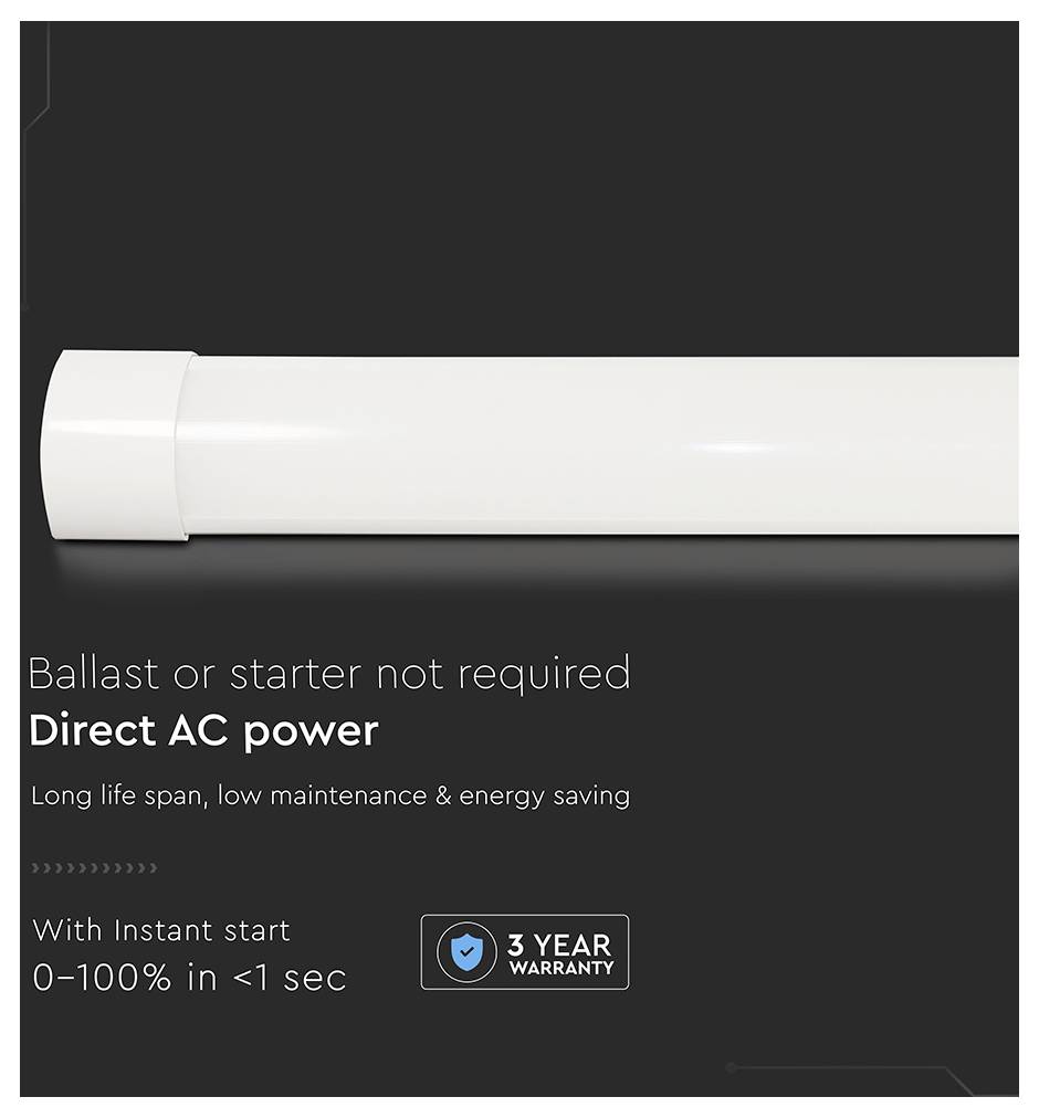 Ein weißes Röhrenlicht, das seine direkte AC-Stromfunktion bewirbt. Das Licht überzeugt durch lange Lebensdauer, geringen Wartungsaufwand, Energieeinsparung und Sofortstart in weniger als 1 Sekunde. Inklusive 3 Jahre Garantie.