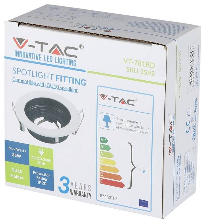 Verpackung für V-TAC LED-Spotleuchte, kompatibel mit GU10. Highlights: max. 35W Leistung, 3 Jahre Garantie, Energieeffizienzklasse A+.