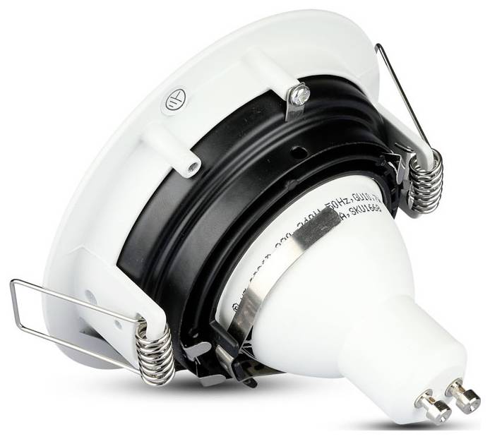 Weiße, eingelassene Deckenleuchte mit kompaktem, einstellbarem Design, ausgestattet mit Metallfedern und Verbindern für eine sichere Montage.