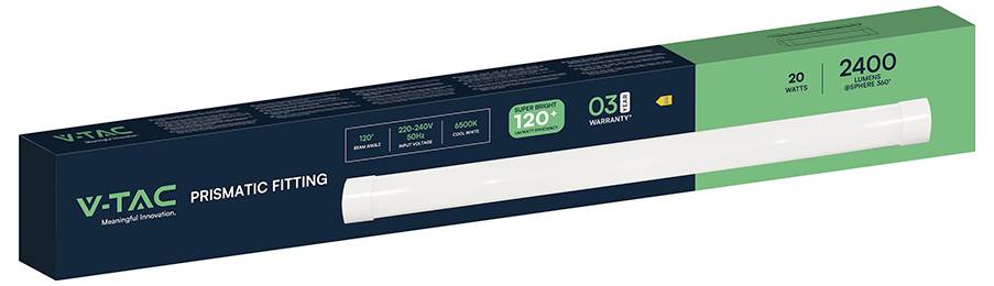 Box von V-TAC prismatischer Fitting, 20 Watt, 2400 Lumen, 120-Grad-Abstrahlwinkel, mit einer Lebensdauer von 30.000 Stunden.