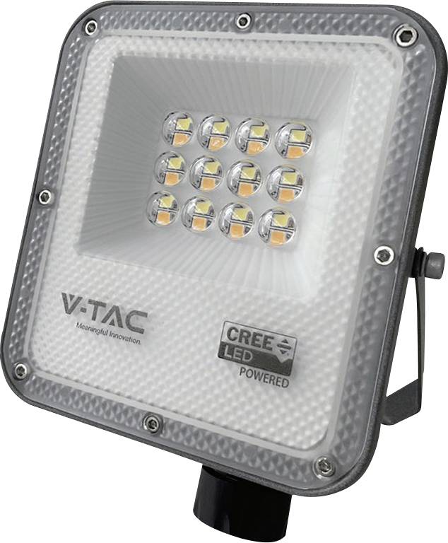 Ein rechteckiger LED-Flutlicht mit Metallrahmen, das ein Array von 12 LED-Leuchten aufweist. Die Marken „V-TAC