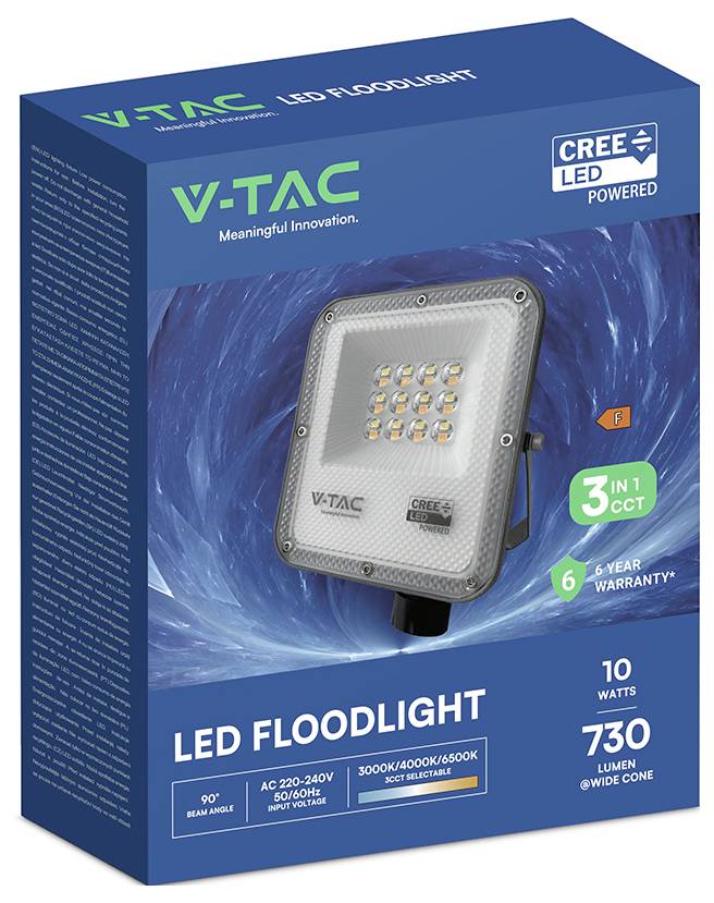 V-TAC LED-Strahler-Verpackung mit Produktabbildung, Funktion „3 in 1 CCT