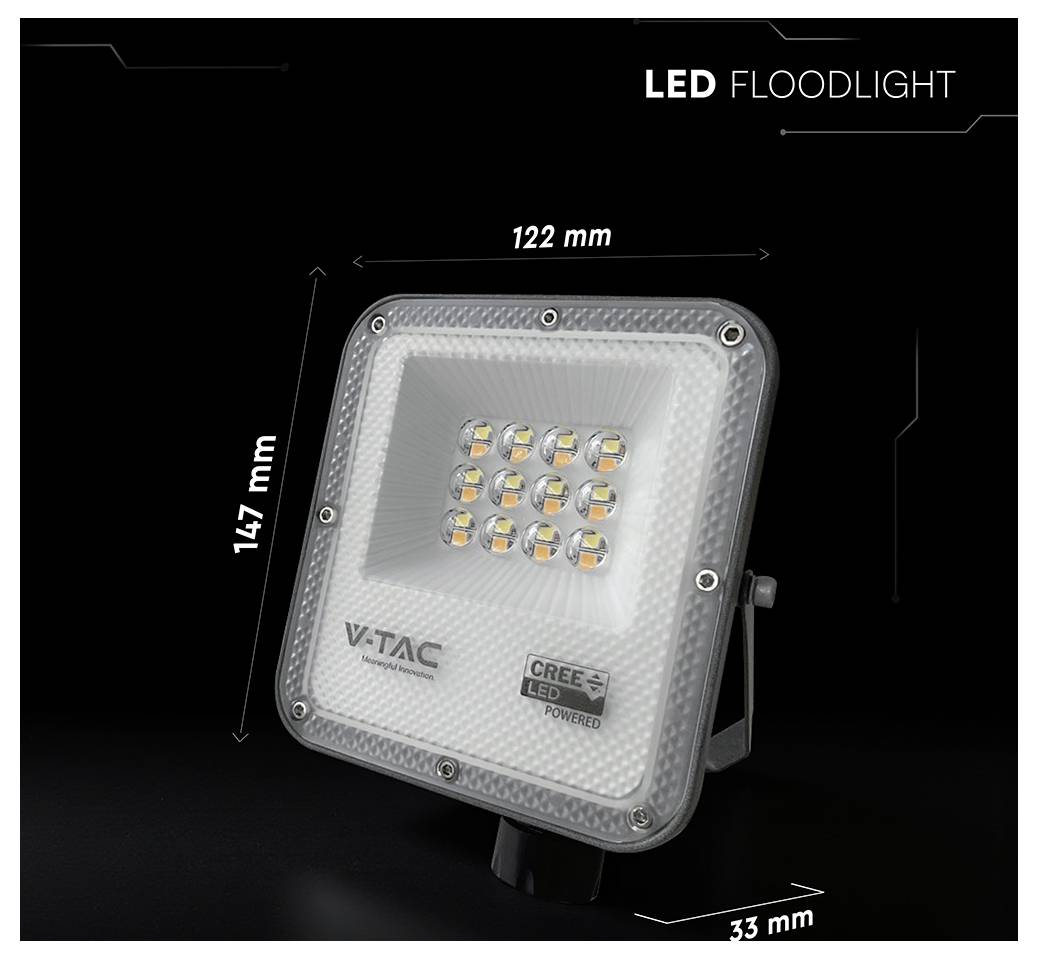 Ein LED-Flutlicht mit Abmessungen von 147 mm x 122 mm, ausgestattet mit mehreren LED-Leuchten und gekennzeichnet mit „V-TAC