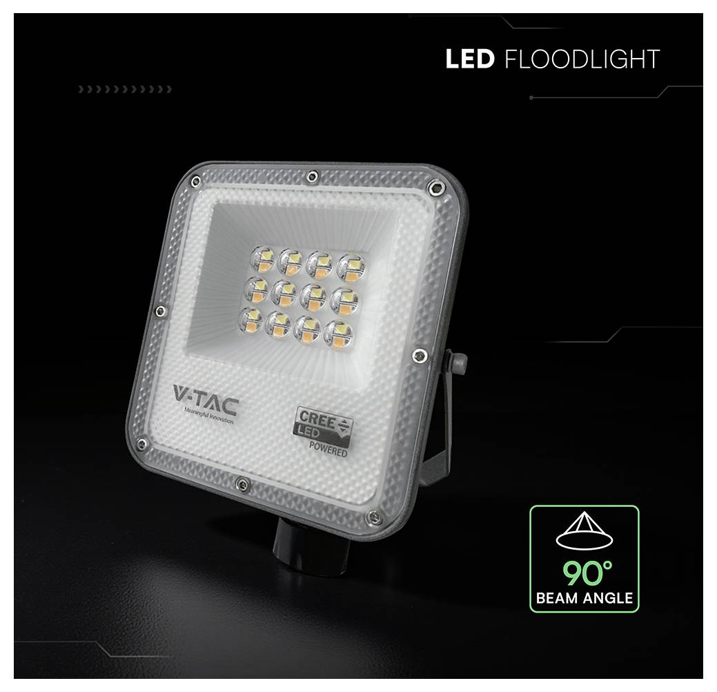 Ein V-TAC LED-Strahler mit CREE LED-Technologie, mit einem 90-Grad-Abstrahlwinkel, wird vor einem dunklen Hintergrund angezeigt.