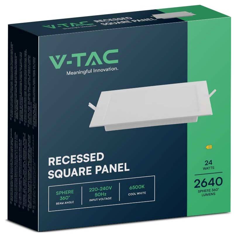 V-TAC Einbau Quadratisches Panel mit Funktionen: 24 Watt, 2640 Lumen, 360° Abstrahlwinkel, 220-240V, 50Hz, 6500K kaltweiß.