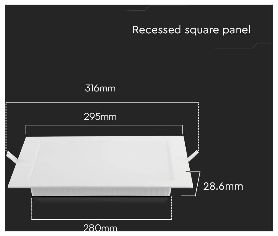 Eingelassene quadratische Platte mit Abmessungen: 316 mm Länge, 295 mm Breite, 28,6 mm Höhe; 280 mm Basislänge.