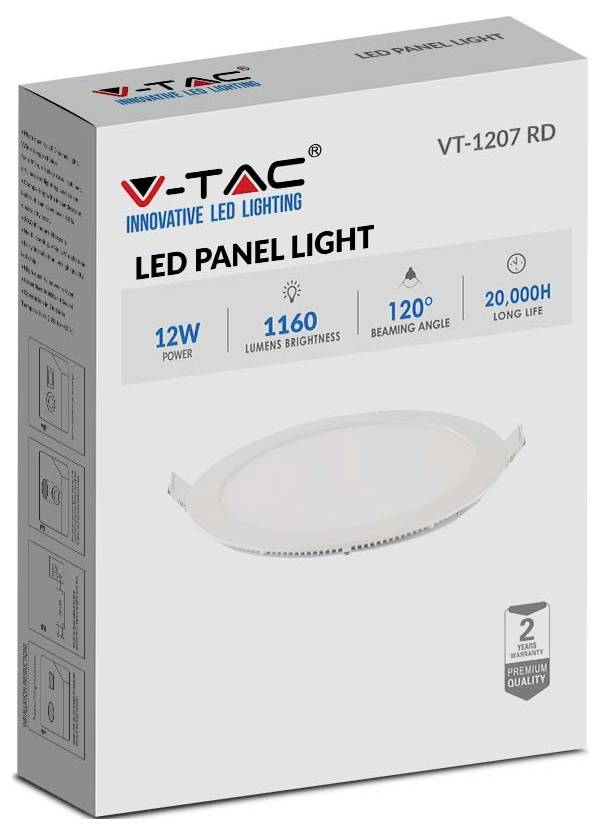 V-TAC LED Panel-Leuchte mit 12W Leistung, 1160 Lumen Helligkeit, 120° Abstrahlwinkel und 20.000h Lebensdauer.