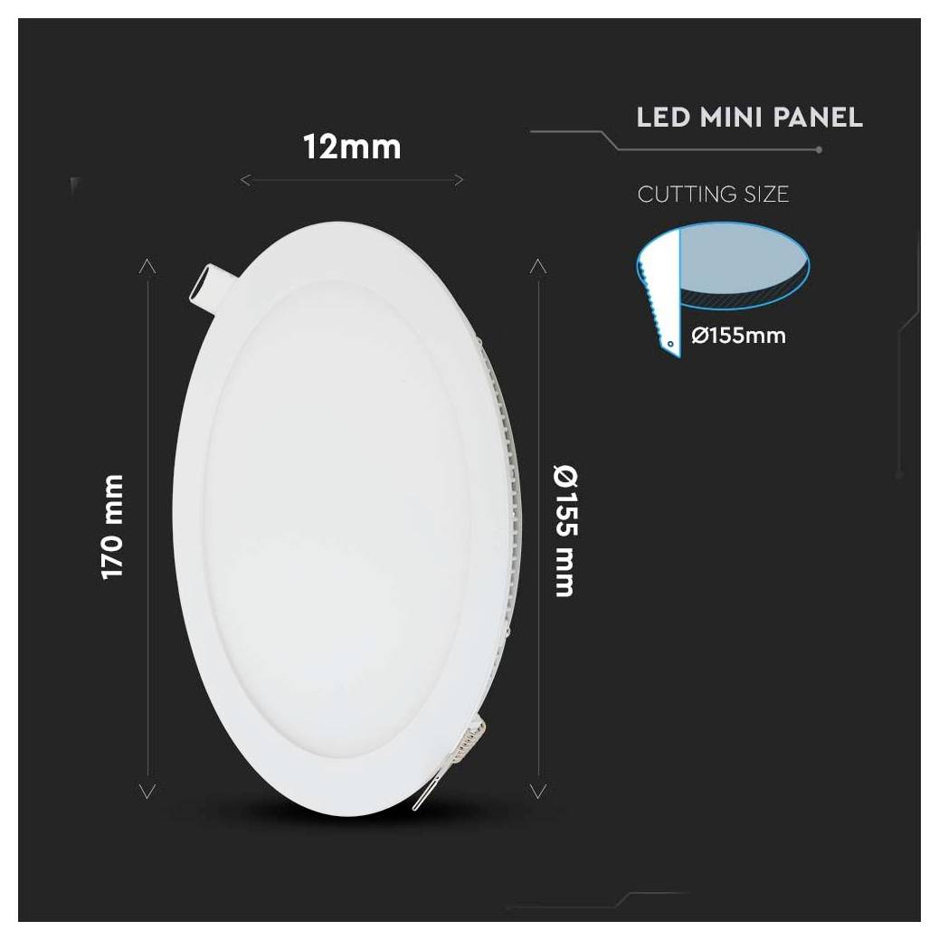 LED Mini Panel mit einer Ausschnittgröße von 155 mm Durchmesser und 12 mm Dicke. Der Gesamtdurchmesser des Panels beträgt 170 mm.