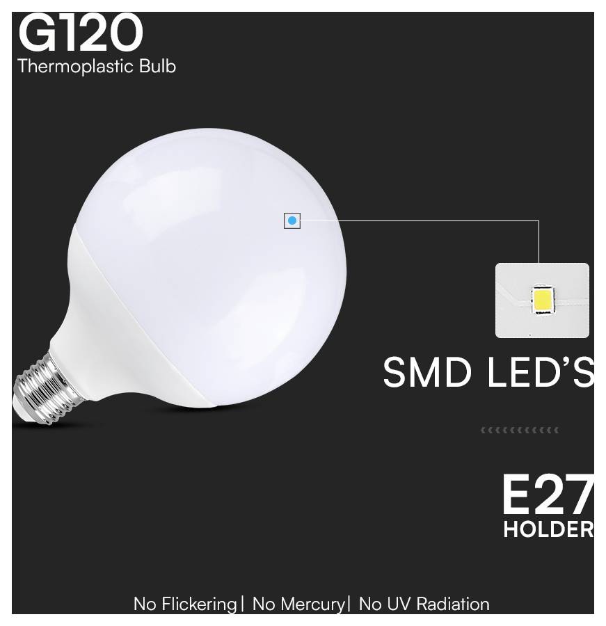 'G120 Thermoplastische Lampe' mit E27-Sockel und SMD-LEDs. Zu den Merkmalen gehören kein Flimmern, keine Quecksilberemissionen und keine UV-Strahlung.