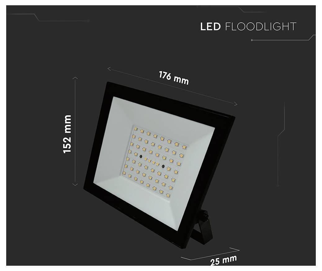 Ein LED-Flutlicht wird mit folgenden Abmessungen dargestellt: 176 mm Breite, 152 mm Höhe und 25 mm Tiefe.
