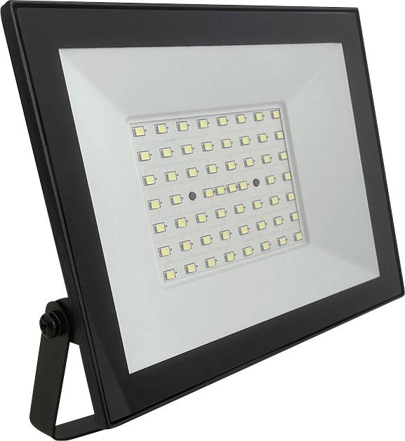 Eine LED-Flutlichtstrahler mit einem schwarzen Rahmen und einem Raster aus kleinen, gleichmäßig angeordneten LED-Lichtern in der Mitte. Er ist an einer verstellbaren Halterung montiert.