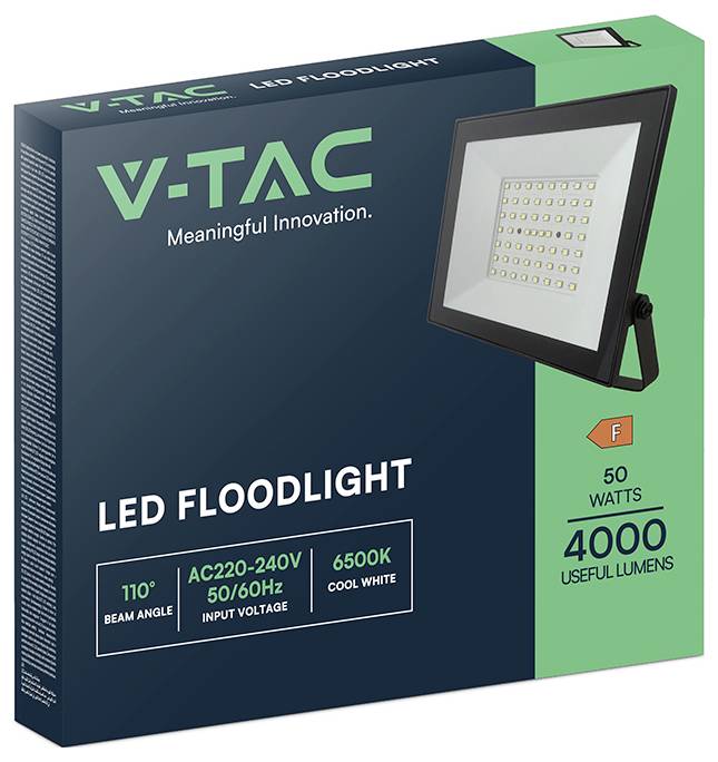 V-TAC LED-Flutlicht, 50 Watt, 4000 Lumen, 110° Abstrahlwinkel, AC220-240V, 50/60Hz, 6500K Kaltweiß, Energieeffizienzklasse F, Sinnvolle Innovation.