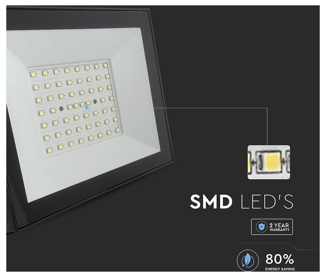 SMD-LED-Panel mit 2 Jahre Garantie-Symbol und 80% Energieeinsparungsabzeichen. Nahaufnahme eines LED-Chips.