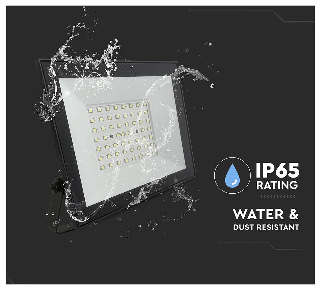 LED-Flutlicht mit Wasserspitzen, ausgestattet mit 'IP65-Bewertung' und 'Wasser- & Staubbeständig' Text, zur Veranschaulichung der Robustheit.