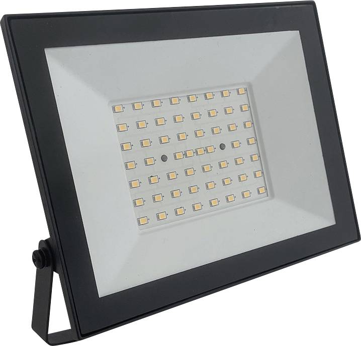 Ein rechteckiger LED-Scheinwerfer mit schwarzem Rahmen und einem Raster aus kleinen LED-Lampen in der Mitte, montiert auf einem Schwenkhalter.