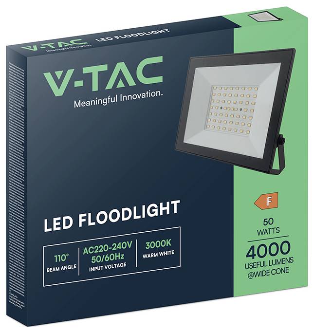 Karton für einen V-TAC LED-Flutlichtstrahler, 50 Watt, 4000 Lumen, 110° Abstrahlwinkel, 3000K warmweiß. Inklusive Energieeffizienzklasse 'F'.