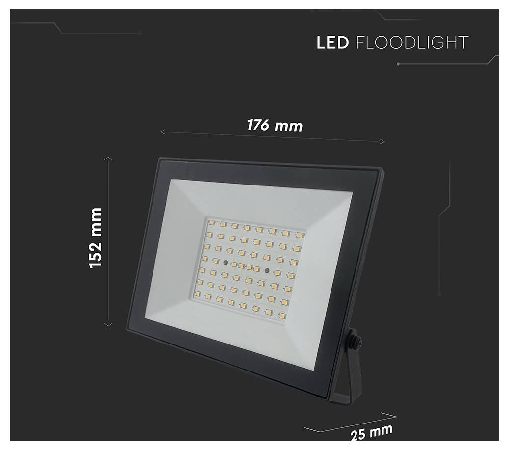 LED-Flutlicht auf einem dunklen Hintergrund mit Abmessungen: 176 mm breit, 152 mm hoch, 25 mm tief.