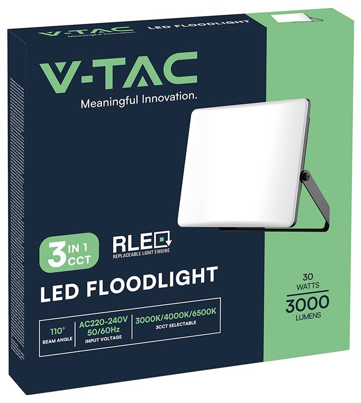 V-TAC LED-Flutlicht, 30 Watt, 3000 Lumen, 3-in-1 CCT, austauschbare Lichtquelle, Abstrahlwinkel 110°, AC220-240V, 3000K/4000K/6500K wählbar.