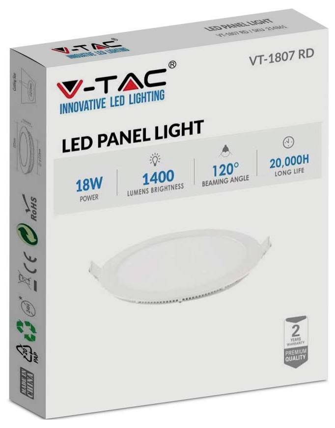 V-TAC 18W LED Panel-Leuchte, 1400 Lumen, 120° Abstrahlwinkel, 20.000h Lebensdauer, 2 Jahre Garantie. Karton mit Produktabbildung und Merkmalen.