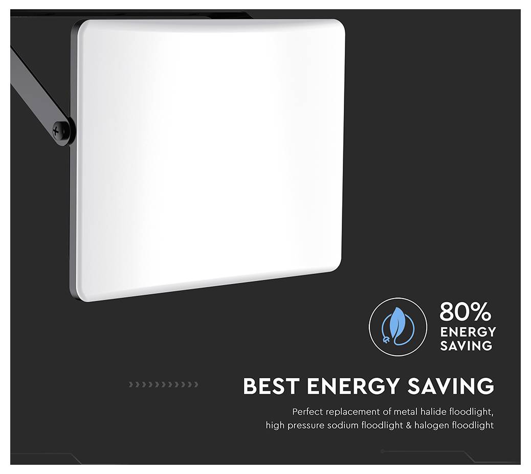 Ein weißer, rechteckiger LED-Flutlichtstrahler mit Montagebügel. Text lautet 'Beste Energieeinsparung'. Icon zeigt 80% Energieeinsparung.