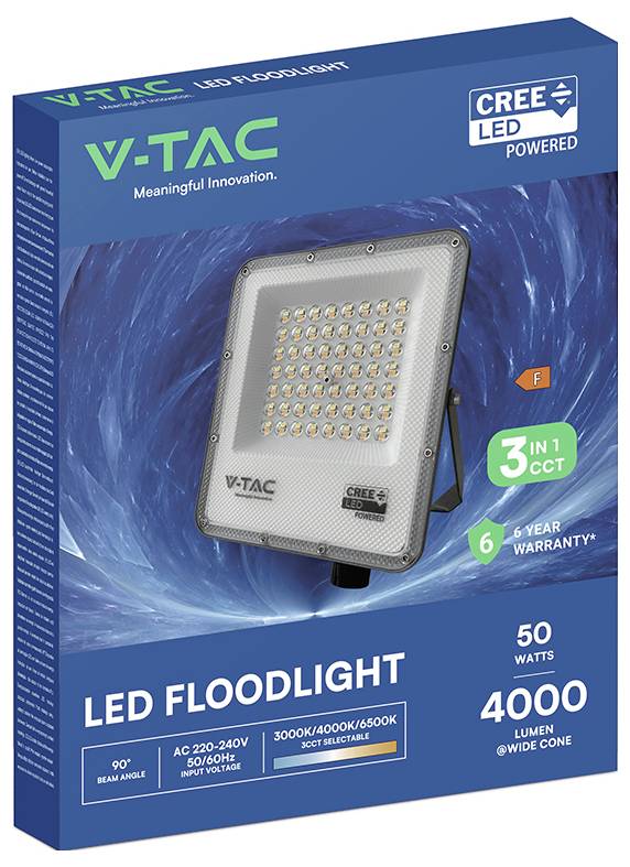 Die Verpackung zeigt eine V-TAC LED-Flutlicht. Sie hebt 