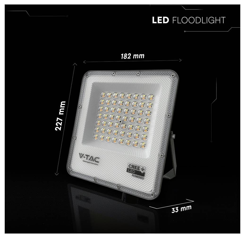 LED-Flutlicht mit Abmessungen: 227 mm hoch, 182 mm breit und 33 mm tief. Es verfügt über V-TAC und CREE LED-Branding auf der Vorderseite.
