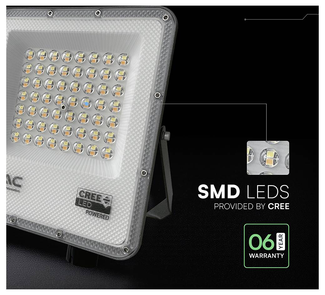 Eine Nahaufnahme einer LED-Flutlichtleuchte mit zahlreichen SMD-LEDs, mit der Kennzeichnung „SMD-LEDs von Cree bereitgestellt