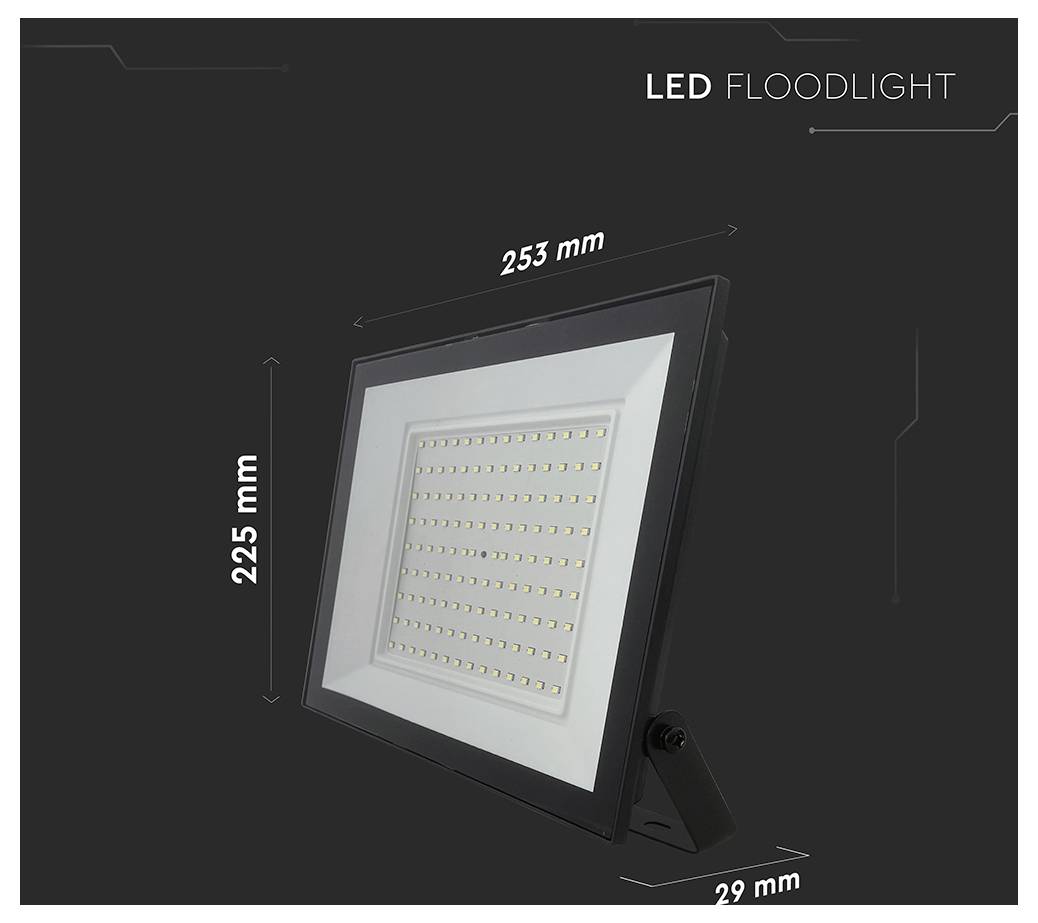 LED-Flutlicht Abmessungen: 253 mm (Breite), 225 mm (Höhe), 29 mm (Tiefe).