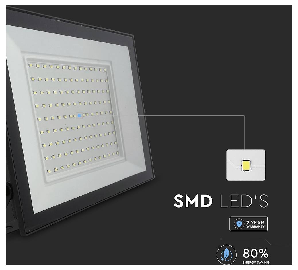 SMD-LED-Licht mit gleichmäßigem Raster von Dioden; '2 Jahre Garantie' Abzeichen; Symbol für '80% Energieeinsparung'.