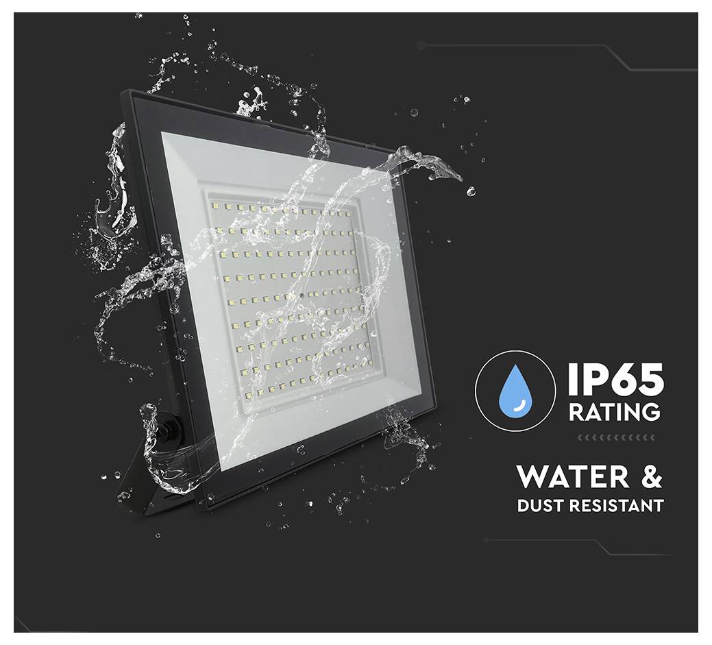 LED-Flutlicht mit Wasserspritzeneffekt. Text lautet: IP65-Bewertung - Wasser- und staubdicht.
