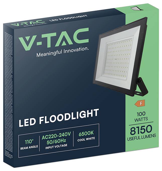 Verpackung für einen 100-Watt LED-Flutlichtstrahler von V-TAC. Merkmale umfassen einen 110° Abstrahlwinkel, 6500K Kaltweiß, 8150 Lumen und Energieeffizienzklasse F.