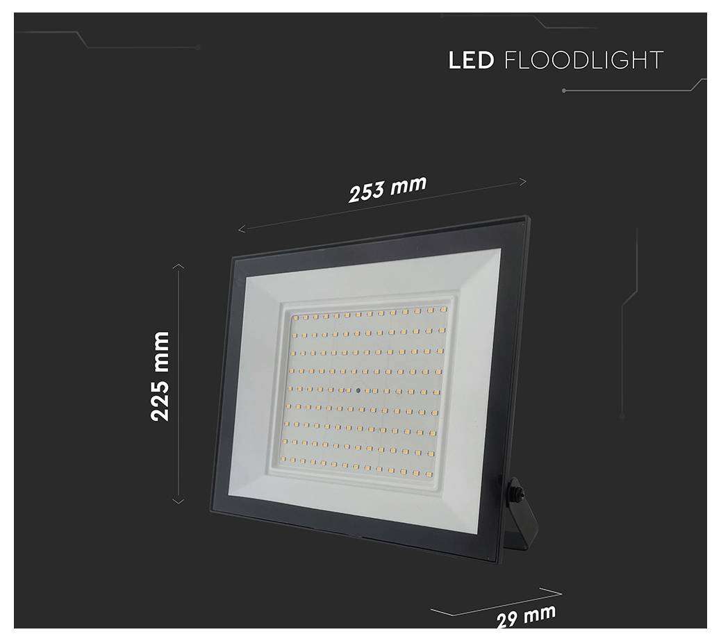 LED-Flutlicht-Abmessungen: 253 mm Breite, 225 mm Höhe und 29 mm Tiefe.