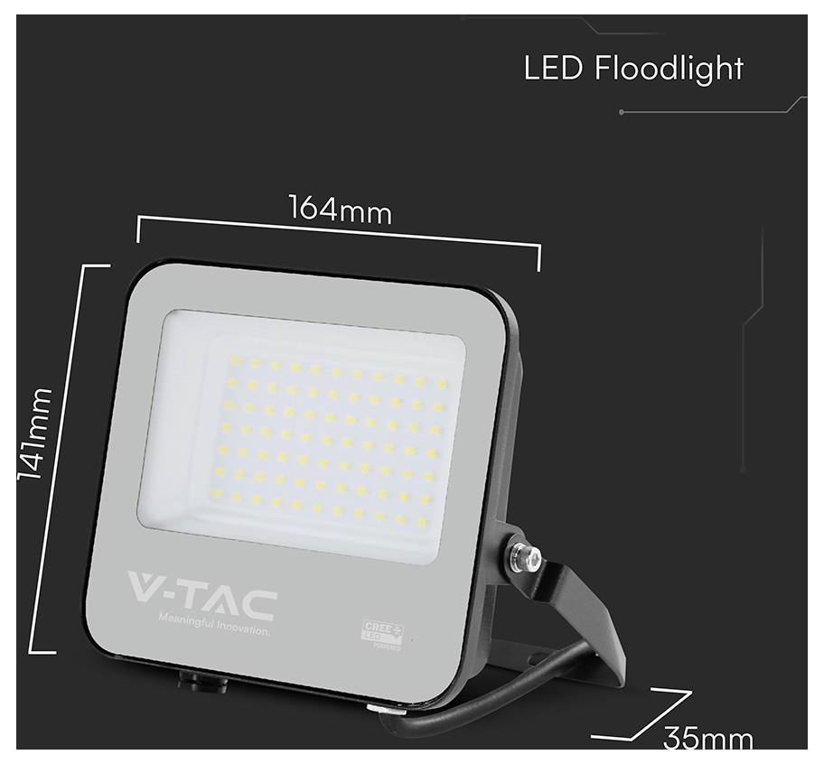 Ein rechteckiger LED-Scheinwerfer mit den Abmessungen: 164 mm Breite, 141 mm Höhe und 35 mm Tiefe. Beschriftet mit 'V-TAC' und 'LED-Scheinwerfer'.
