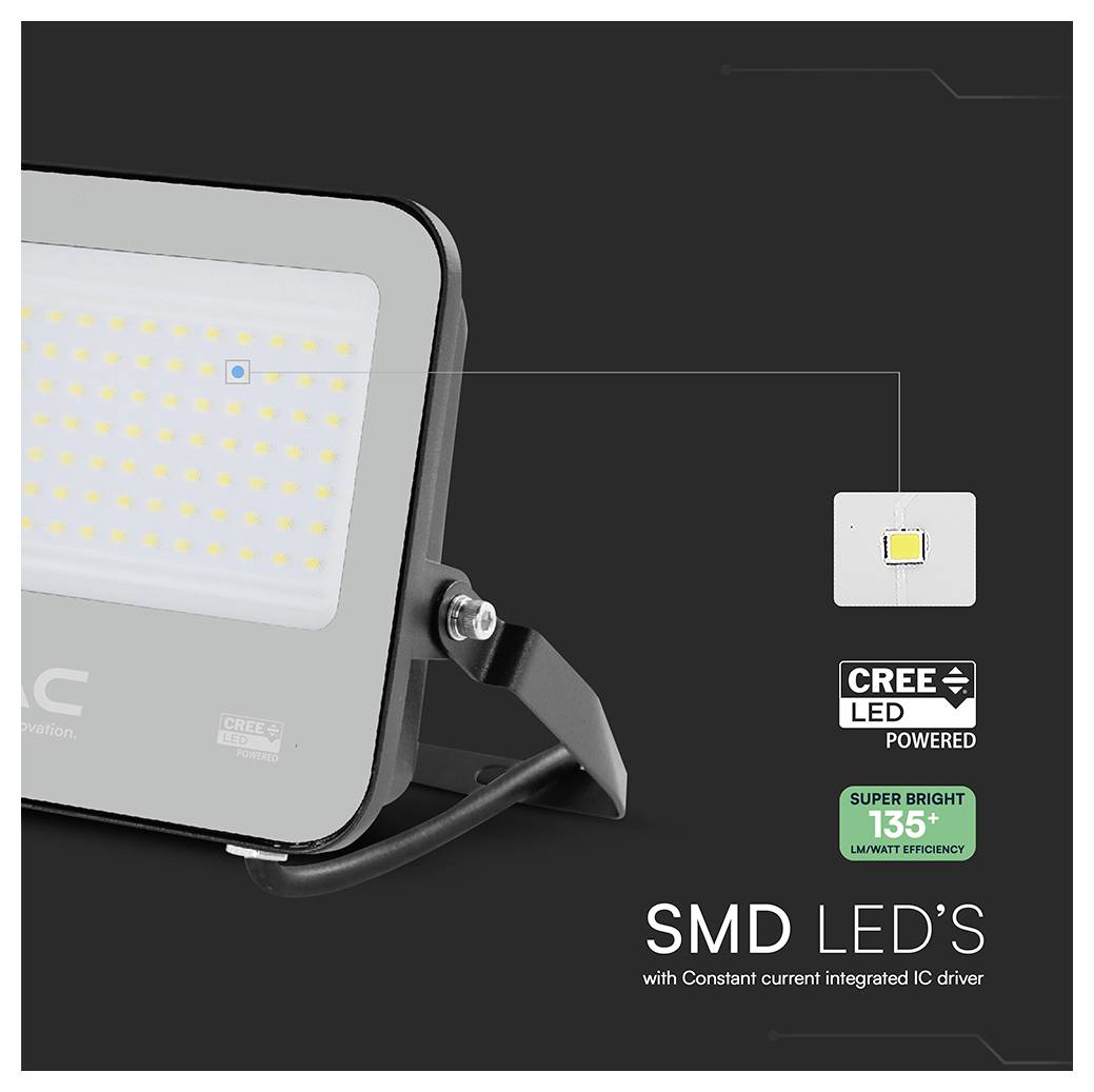 Ein schwarzer LED-Scheinwerfer mit mehreren kleinen gelben LED-Chips wird dargestellt. Text liest sich: „SMD-LEDs mit integriertem Konstantstrom-IC-Treiber.
