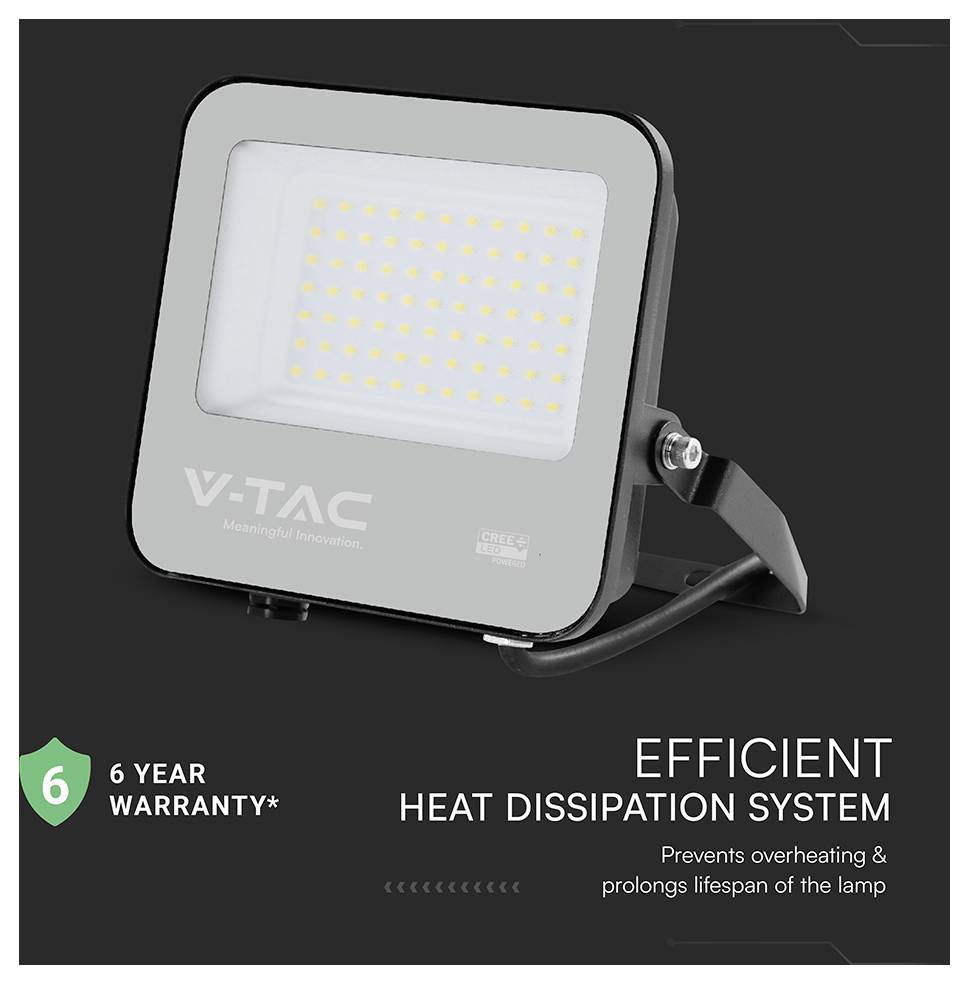 Eine LED-Flutlichtstrahler mit V-TAC Markierung, mit Betonung eines effizienten Wärmeableitungssystems. Text enthält '6 Jahre Garantie' mit einem grünen Schildsymbol.