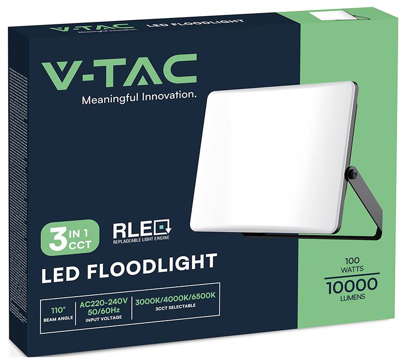 V-TAC LED-Flutlicht, 3 Farbtemperaturoptionen, 100 Watt, 10.000 Lumen. Merkmale umfassen Abstrahlwinkel: 110°, Spannung: AC220-240V.