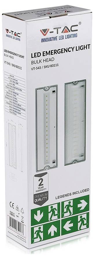 V-TAC LED Notlicht, Wandleuchte, VT-543, SKU 8311, enthält zwei Leuchten, robuste Konstruktion, energieeffizient, mit Notausgangs-Symbolen.