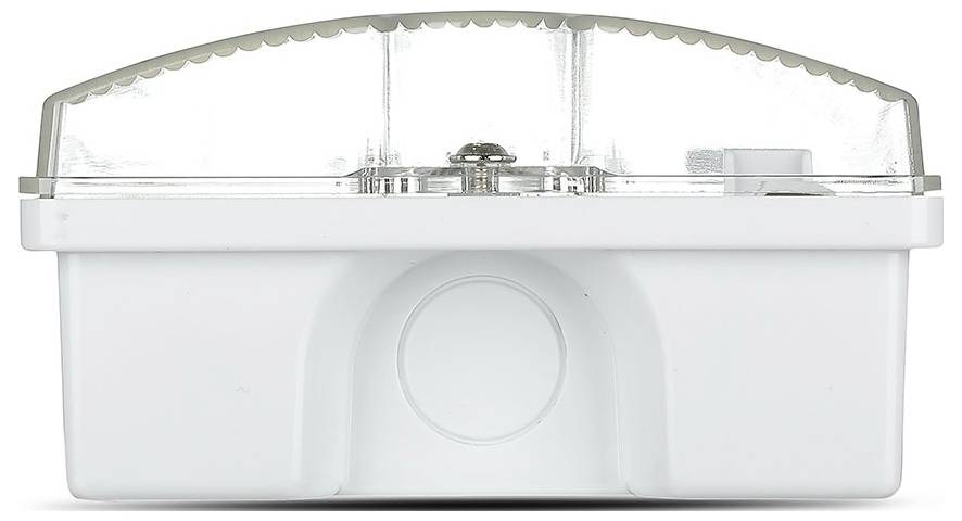 Eine weiße, rechteckige Outdoor-Elektroverteilerdose mit einer durchsichtigen, gewölbten Abdeckung und einer kreisförmigen Vertiefung an der Vorderseite.