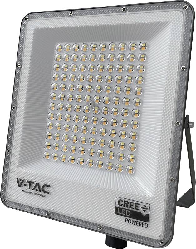 Ein quadratisches LED-Flutlicht der Marke V-TAC mit 100 kleinen Glühbirnen in einer Gitteranordnung, ausgestattet mit einem Metallständer zur Montage.