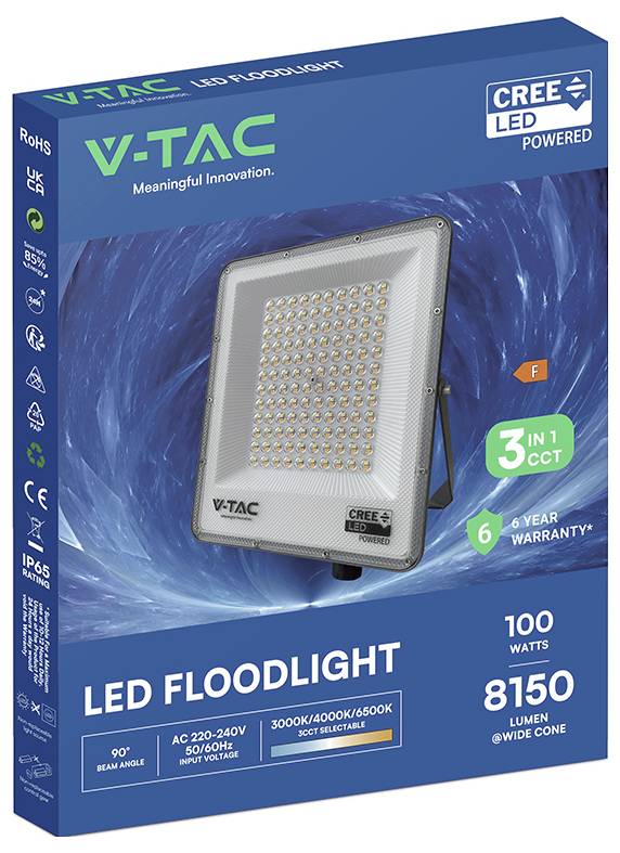 Verpackung für V-TAC LED-Strahler mit 100 Watt, 8150 Lumen, 90-Grad-Abstrahlwinkel, 3-in-1 Farbtemperatur, 6 Jahren Garantie und Wasserschutzart IP65.