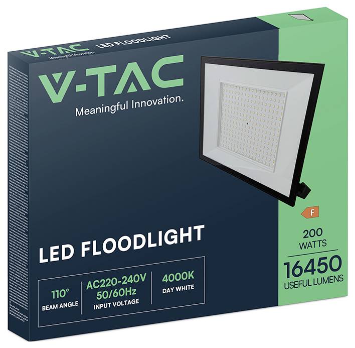 Grüner V-TAC LED-Flutlichtstrahler; Merkmale: 200 Watt, 16.450 Lumen, 110° Abstrahlwinkel, 4000K Tageslicht-Weiß, Slogan 