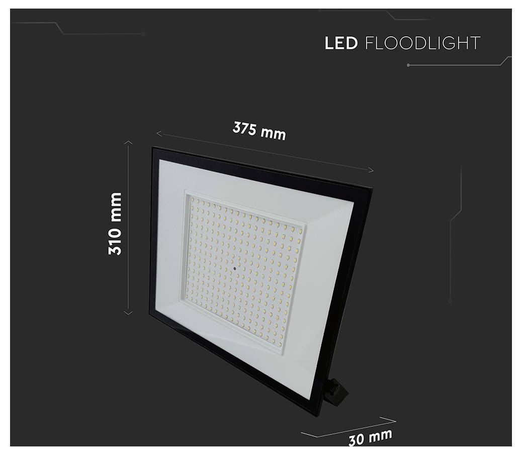 LED-Flutlicht-Bild zeigt eine rechteckige Leuchte mit beschrifteten Abmessungen von 375 mm Breite, 310 mm Höhe und 30 mm Tiefe.