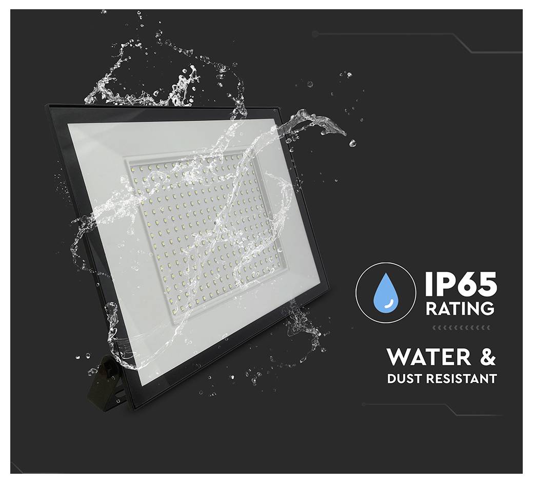 LED-Flutlicht mit Spritzwasserschutz und hervorgehobener IP65-Schutzart für Wasser- und Staubresistenz.